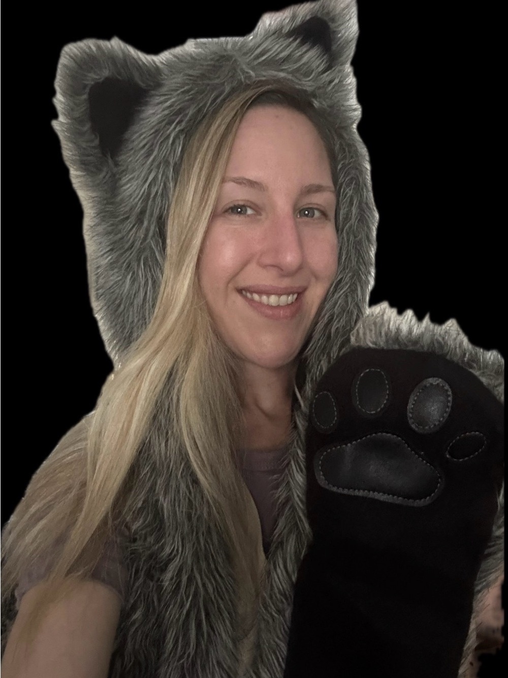 Plush Faux Fur Cat Hooded Scarf with Paw Mittens - Gray